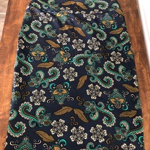 LuLaRoe pencil skirt, navy, gold, cream, M